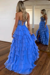 Light Blue Sweetheart A-Line Chiffon Long Corset Prom Dress with Slit