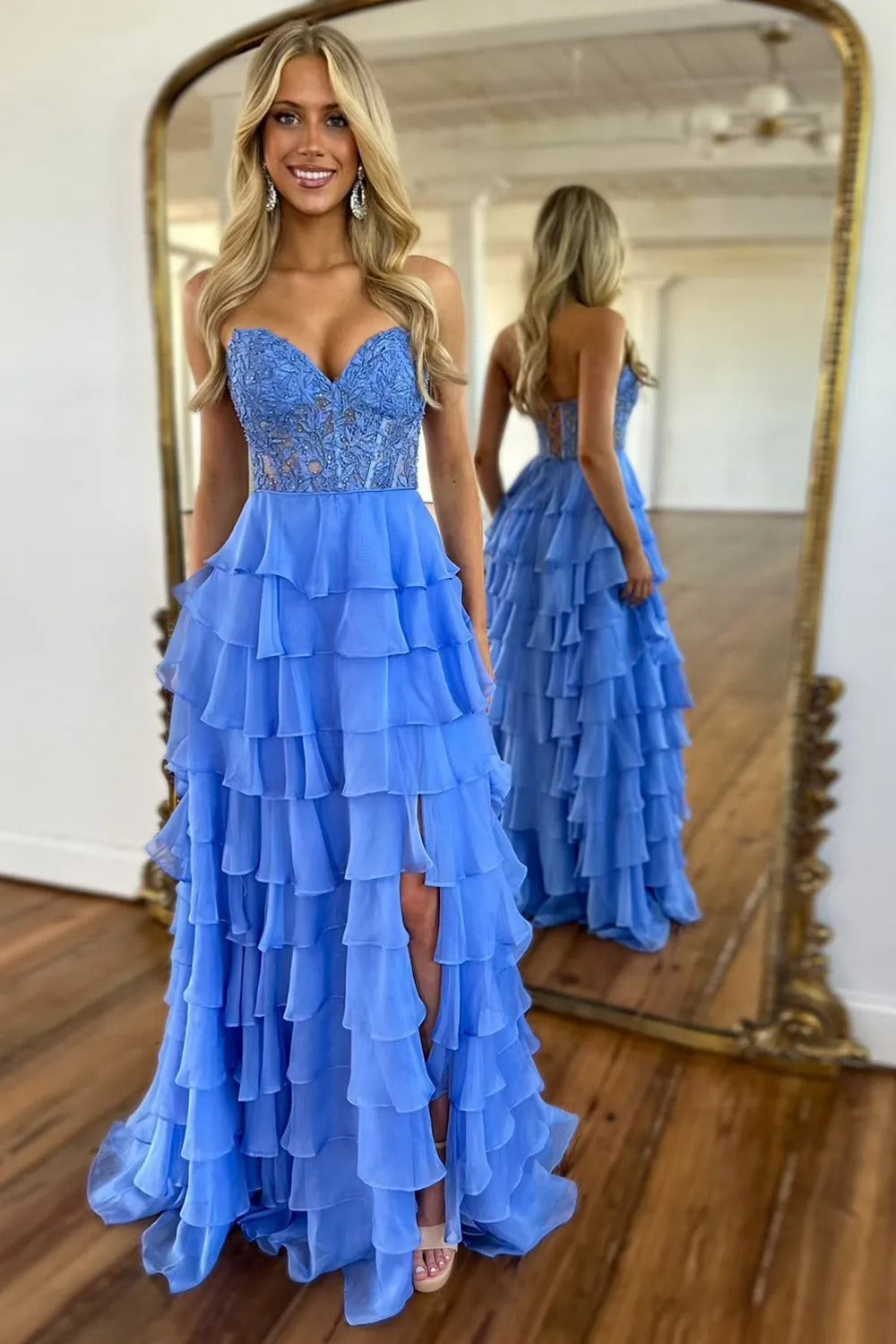 Light Blue Sweetheart A-Line Chiffon Long Corset Prom Dress with Slit
