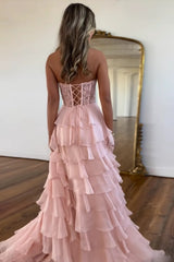 Light Blue Sweetheart A-Line Chiffon Long Corset Prom Dress with Slit