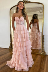 Light Blue Sweetheart A-Line Chiffon Long Corset Prom Dress with Slit