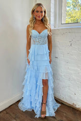 Light Blue Sweetheart A-Line Chiffon Long Corset Prom Dress with Slit