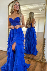 Light Blue Sweetheart A-Line Chiffon Long Corset Prom Dress with Slit