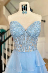 Light Blue Sweetheart A-Line Chiffon Long Corset Prom Dress with Slit