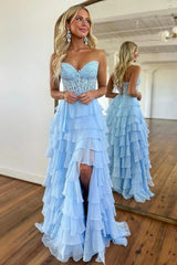 Light Blue Sweetheart A-Line Chiffon Long Corset Prom Dress with Slit