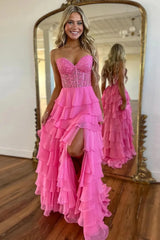 Light Blue Sweetheart A-Line Chiffon Long Corset Prom Dress with Slit