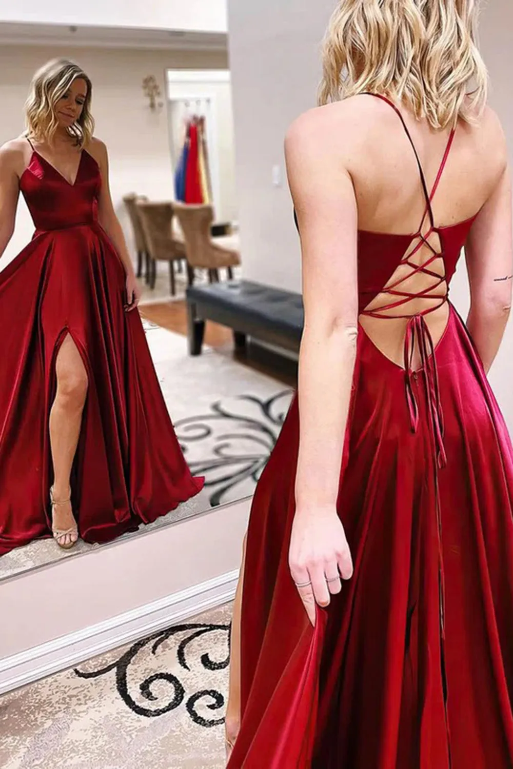 Light Pink Spaghetti Straps Sheath Satin Long Prom Dress