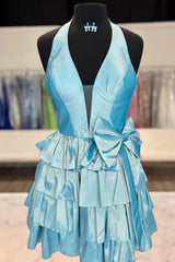 Light Blue Classic Tiered Halter A-Line Homecoming Dress with Bow