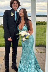 Blue Deep V-Neck Mermaid Sequin Prom Dress with V-Back