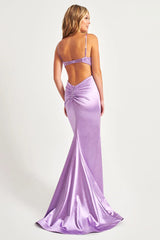 Lilac Spaghetti Straps Sheath Backless Satin Long Prom Dress