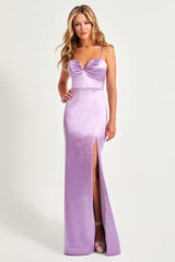Lilac Spaghetti Straps Sheath Backless Satin Long Prom Dress