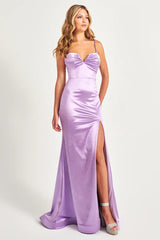 Lilac Spaghetti Straps Sheath Backless Satin Long Prom Dress