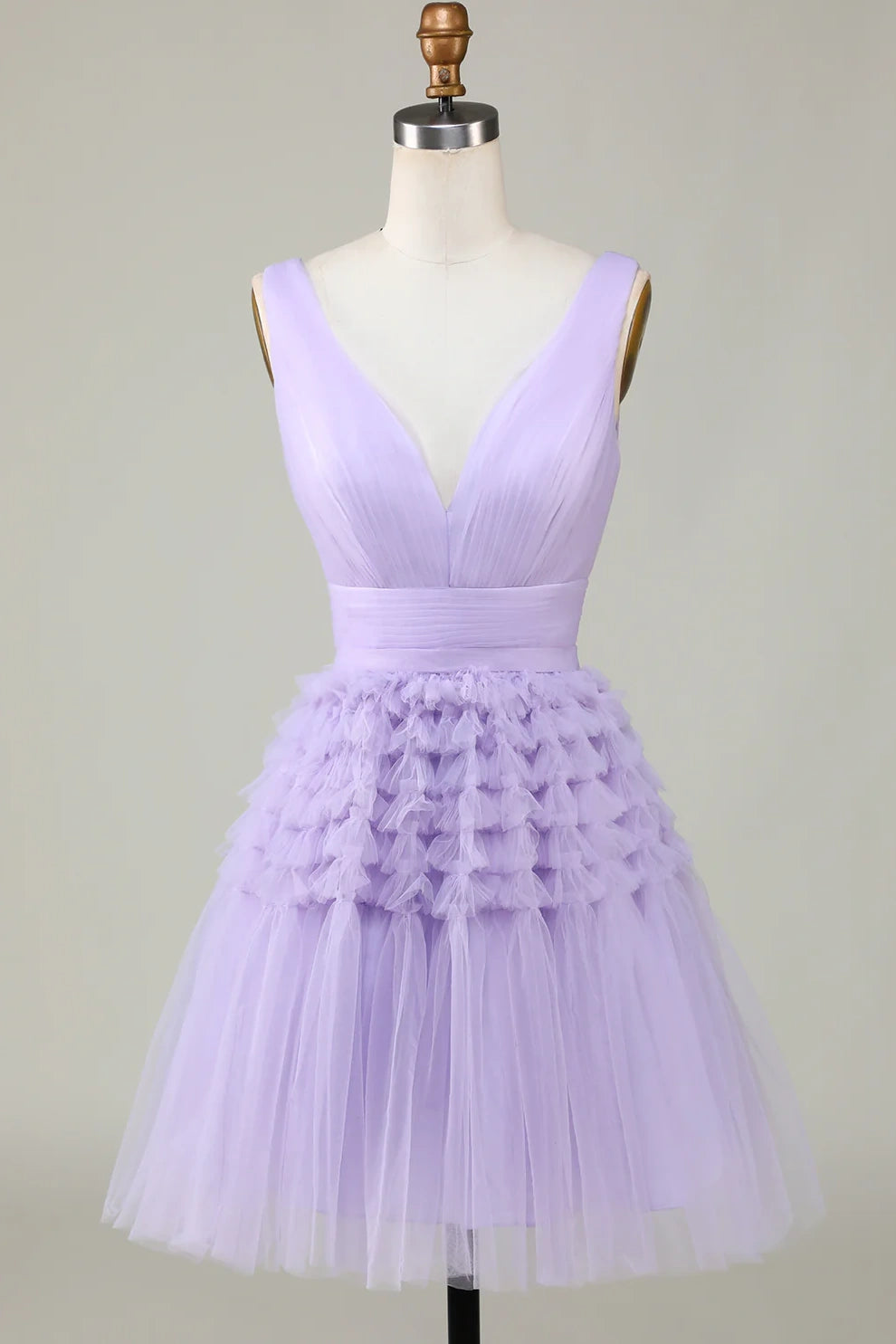 Dusty Sage Tulle V-Neck Tiered Short Party Dress with Ruffles