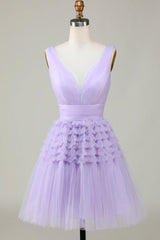 Dusty Sage Tulle V-Neck Tiered Short Party Dress with Ruffles