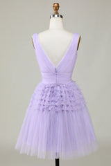 Dusty Sage Tulle V-Neck Tiered Short Party Dress with Ruffles