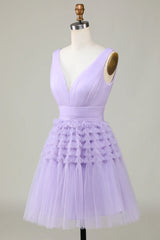 Dusty Sage Tulle V-Neck Tiered Short Party Dress with Ruffles