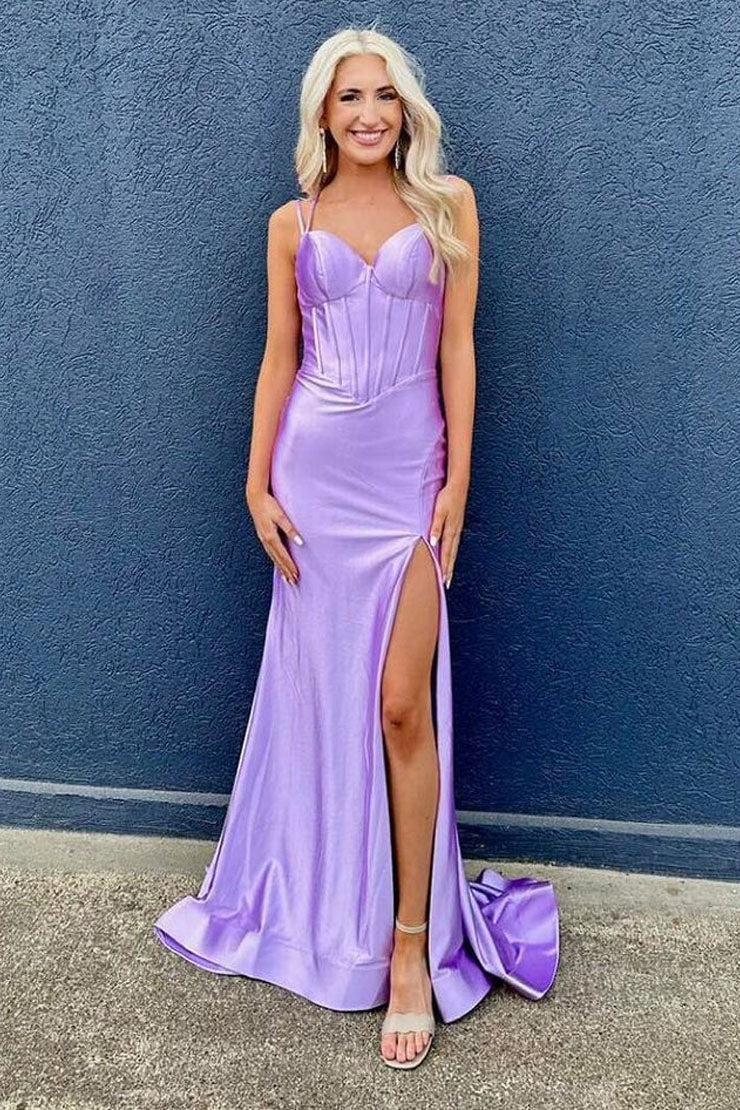 Lilac Spaghetti Straps Sheath Satin Long Corset Prom Dress with Slit