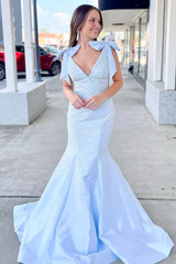 Light Blue Rhinestone V-Neck Mermaid Long Prom Dress