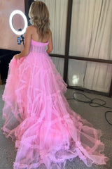 Magenta Tulle Strapless Ruffle Long Prom Dress with Puff Sleeves