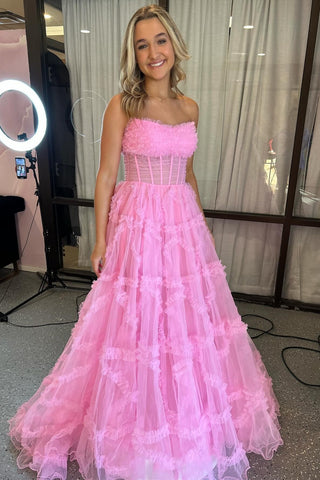Magenta Tulle Strapless Ruffle Long Prom Dress with Puff Sleeves