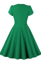 1950s Green Keyhole Short Sleeve A-Line Midi Dress