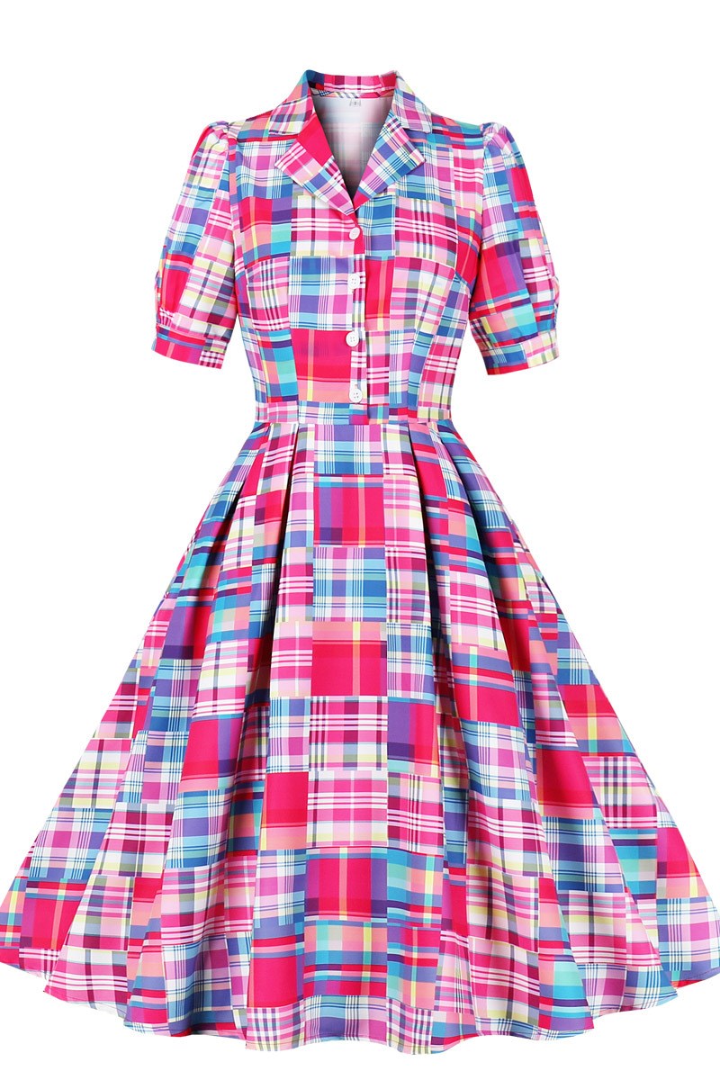 1950s Gingham Buttons A-Line Midi Dress