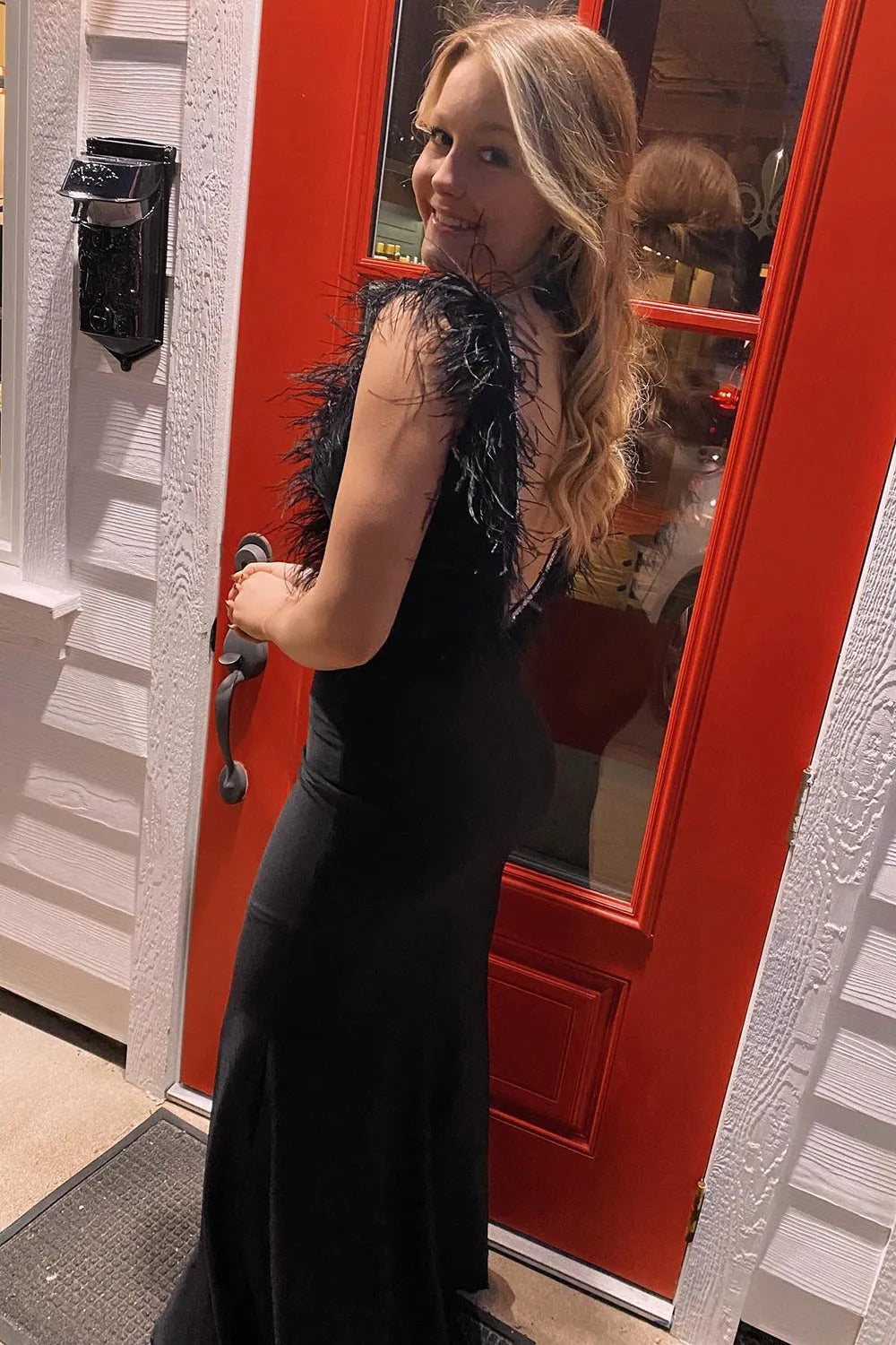 Mermaid Grey Deep V-Neck Beaded Prom Dress with Feathers