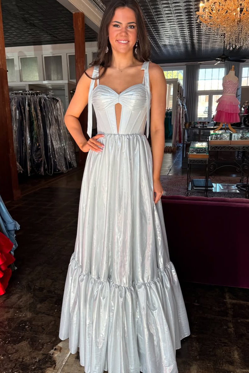 Metallic A-Line Bow Tie Straps Keyhole Prom Dress