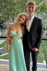 Mint Green Spaghetti Straps Column Satin Long Prom Dress