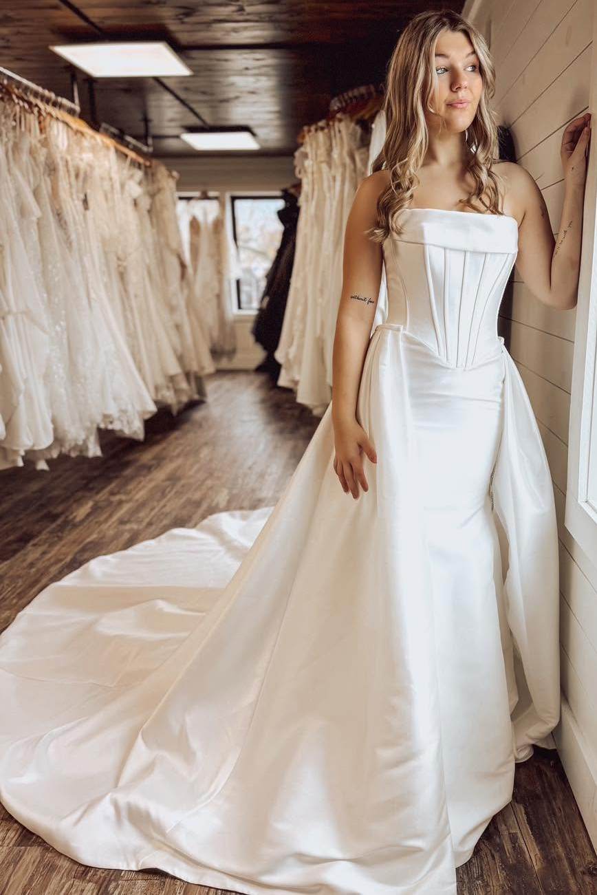 Strapless Mermaid Satin Ivory Long Wedding Dress with Detachable Train