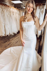 Strapless Long Mermaid Satin Ivory Wedding Dress with Detachable Train