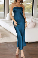 Navy Blue Strapless Sheath Satin Ankle Length Prom Dress
