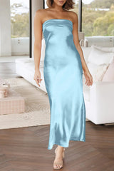 Navy Blue Strapless Sheath Satin Ankle Length Prom Dress