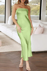 Navy Blue Strapless Sheath Satin Ankle Length Prom Dress