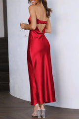 Navy Blue Strapless Sheath Satin Ankle Length Prom Dress