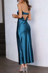 Navy Blue Strapless Sheath Satin Ankle Length Prom Dress