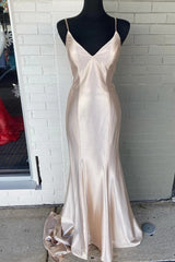 Nude Satin Spaghetti Straps Mermaid Long Prom Dress