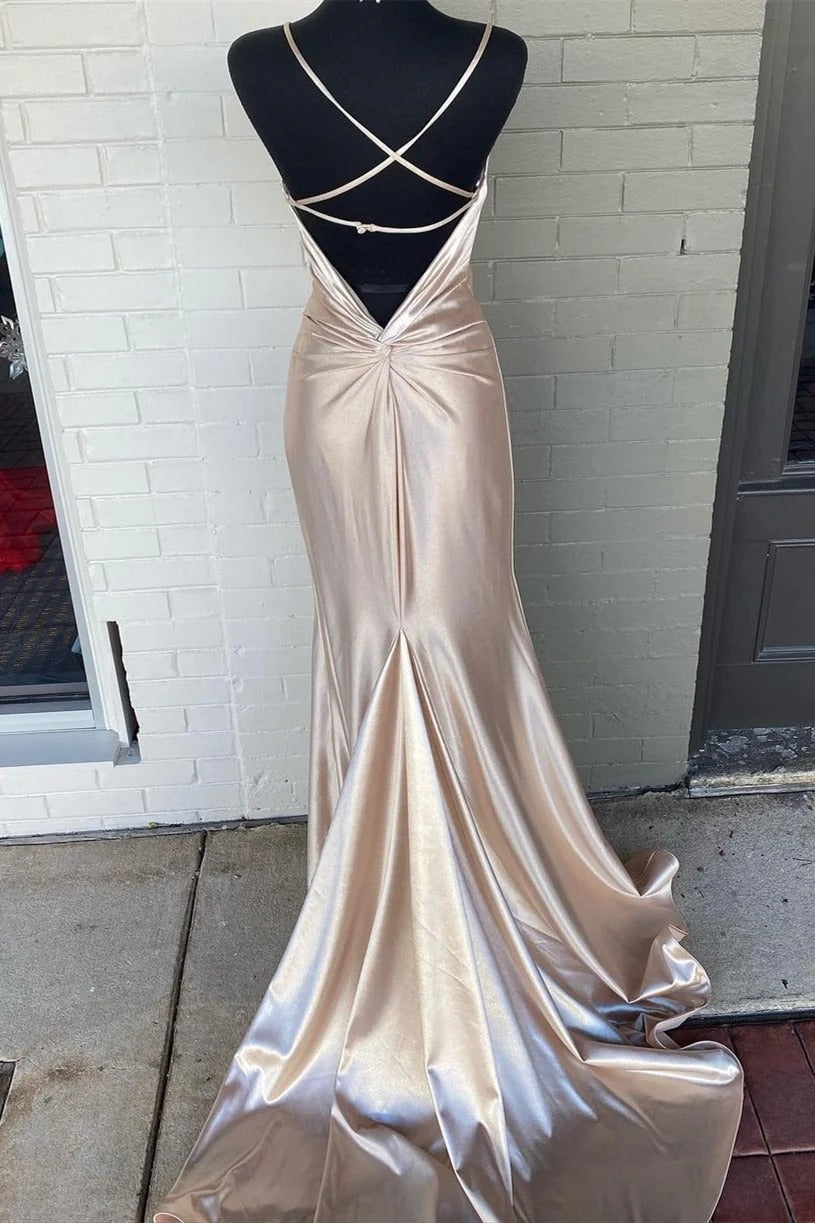 Nude Satin Spaghetti Straps Mermaid Long Prom Dress