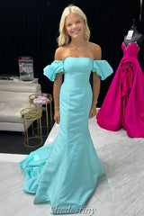Off the Shoulder Short Sleeves Long Trumpet Mint Green Prom Dress