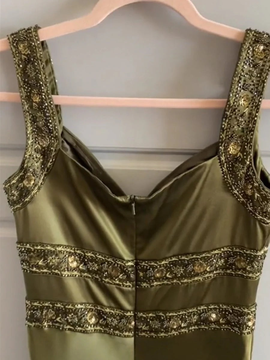 Olive Green Spaghetti Straps Sheath Satin Long Prom Dress