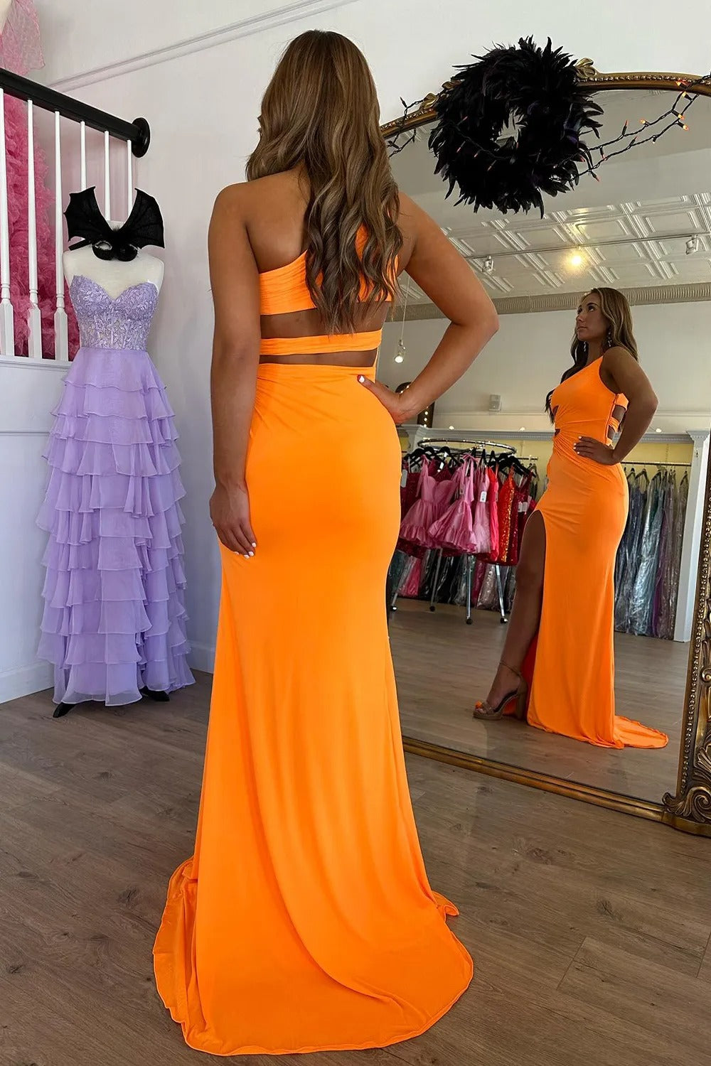 Orange Mermaid One Shoulder Long Prom Dress with Slit