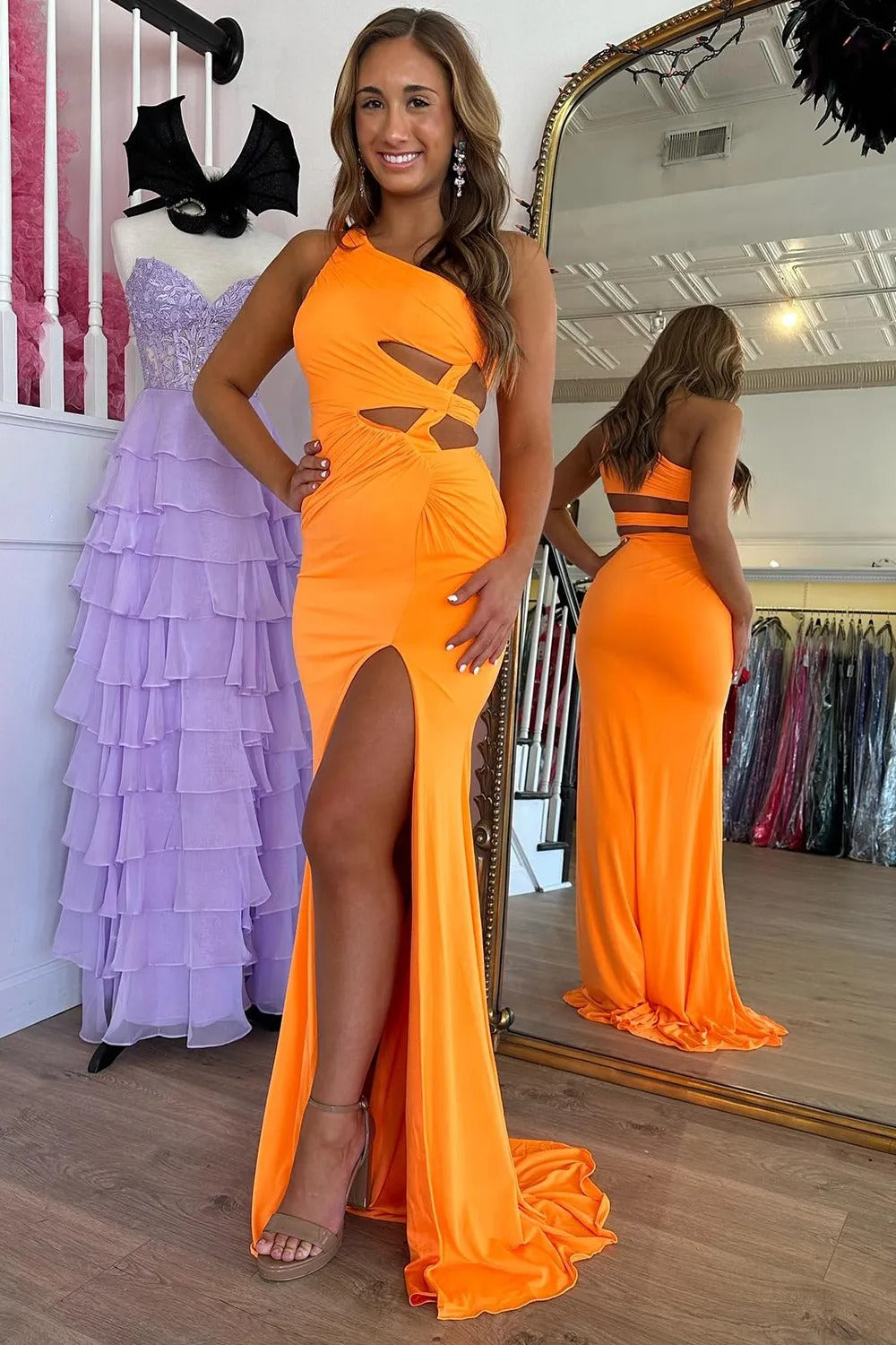 Orange Mermaid One Shoulder Long Prom Dress with Slit