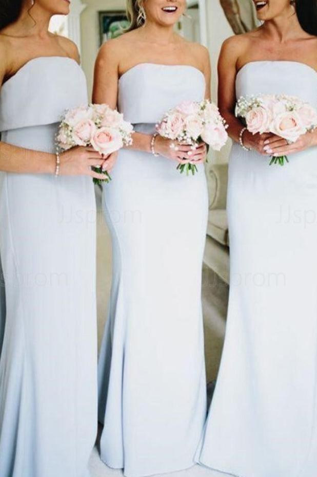 Light Blue Strapless Sheath Long Bridesmaid Dress with Bow