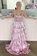 Straps Pleated A-Line Ruffle Metallic Long Prom Dress with Keyhole