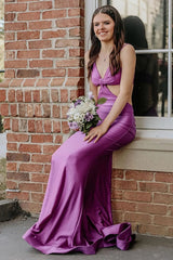 Elegant Red Mermaid Satin Spaghetti Straps Cut-out Long Prom Dress
