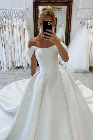 Ivory Elegant Satin Off-Shoulder A-Line Long Princess Wedding Dress