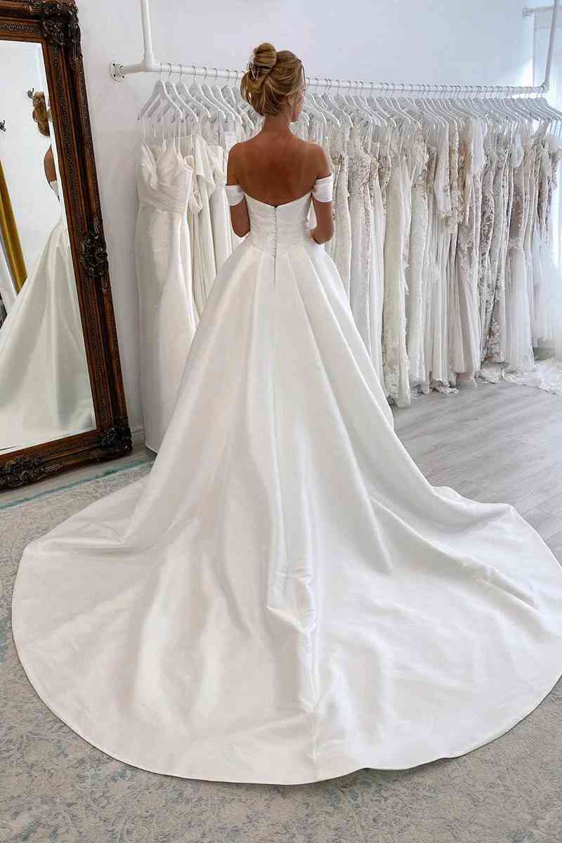 Ivory Satin Off-Shoulder A-Line Long Princess Wedding Dress with Train