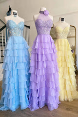 Beaded Halter Tiered Ruffles Prom Dress with Slit