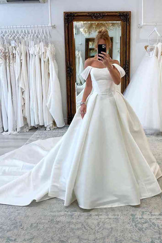 Elegant Satin Off-Shoulder A-Line Long Princess Wedding Dress