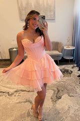 Pearl Pink Mild Sweetheart Strapless Tiered Short Homecoming Dress