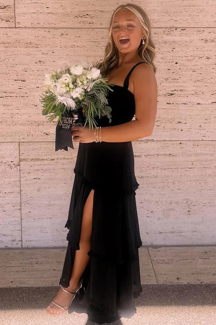 Pink A-Line Straps Scoop Layered Chiffon Sleeveless Long Prom Dress